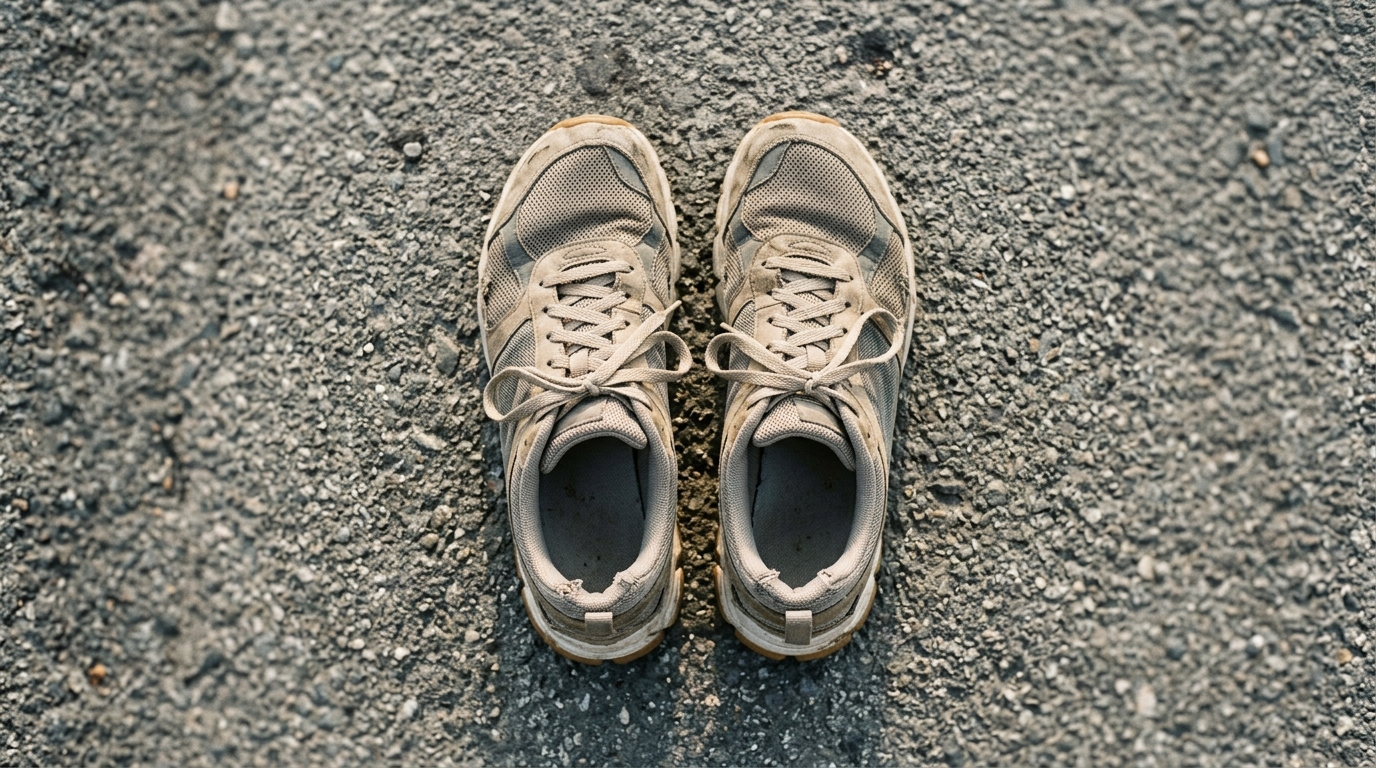 Pereche de pantofi de alergare pe asfalt, lumină de dimineață